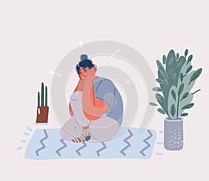 Vector illustration of depressed woman is sitting on the floor in the living room.