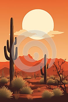 vector illustration of desert landscape with cactus and mountains at sunset