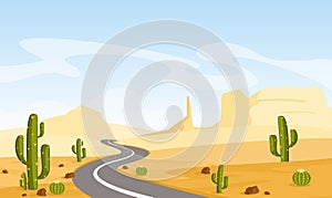 Vector illustration of desert landscape with cactuses and asphalt road, in cartoon flat style.
