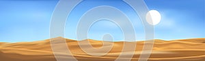 Vector illustration of desert panorama landscape with sand dunes on very hot sunny day summer, Minimalist panoramic cartoon nature