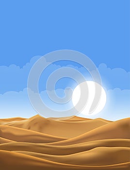 Vector illustration of desert panorama landscape with sand dunes on very hot sunny day summer, Minimalist panoramic cartoon nature