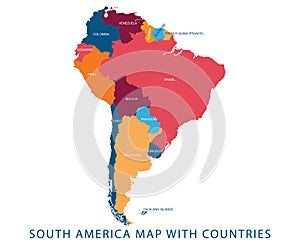 Vector illustration design of continent South America map with countries name and border