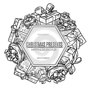 Vector illustration design gift boxes with bows and ribbons.Hand drawn sketch