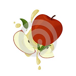 Vector illustration of detailed big shiny red apple. Fresh fruit with juivy splashes isolated on white background