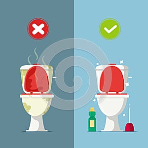 Vector illustration of the difference between a clean toilet and a dirty toilet