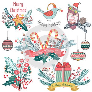 Vector illustration of different animals and decorations emblems for Christmas.