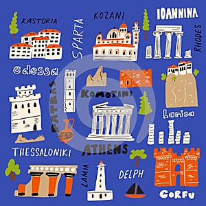 Vector illustration of different attractions and landmarks of Greece with city names