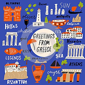 Vector illustration of different attractions, landmarks and names of Greek symbols. Greeting from Greece