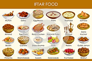 Vector illustration of different delicious food for Ramadan Iftar Food