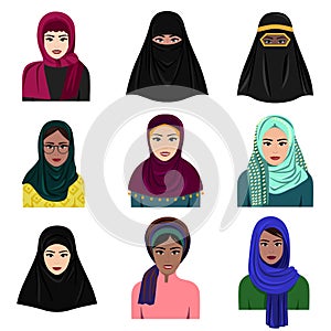 Vector illustration of different muslim arab women characters in hijab icons set. Islamic saudi arabic ethnic women in