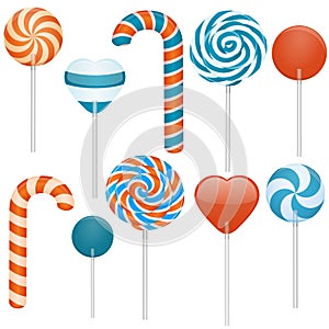 Vector illustration of different sweets. Candy cane, swirl lollipop, heart lollipop, round lollipop