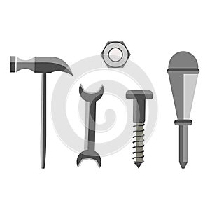 Vector illustration of different tools. Screw, nut, hammer, wrench and screwdriver, isolated on the white background
