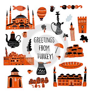 Vector illustration of different turkish attractions and symbols of turkish culture.