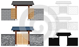 Vector illustration different types of courtyard gates in traditional asian style