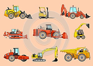 vector illustration of different types of vehicles for construction and mining