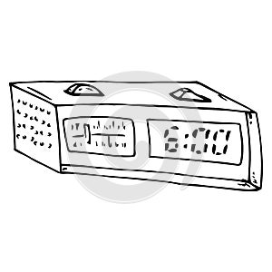 Clock with radio. Vector illustration of a digital alarm clock with radio. 6 hours. Hand drawn vector illustration