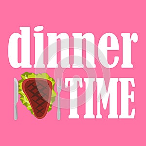 Vector illustration of dinnertime with fried steak, knife and fork on pink background.