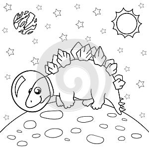 Vector illustration of dinosaur astronaut in space, stegosaurus - Coloring book for children
