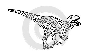 Vector illustration with dinosaur raptor for kids. Doodle style coloring book with small patterns. Coloring book for small