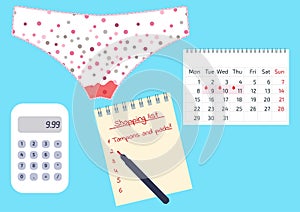Vector illustration of dirty pants with menstrual blood drops in women monthlies period, shopping list and a calendar. Feminine hy