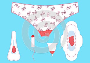 Vector illustration of dirty pants with menstrual blood drops in women monthlies period, tampon and pads. Feminine hygiene in Mens