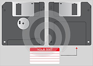 Vector illustration Diskette of 3.5 inches isolated on gray background. Realistic 3D Floppy disk in front and back view.