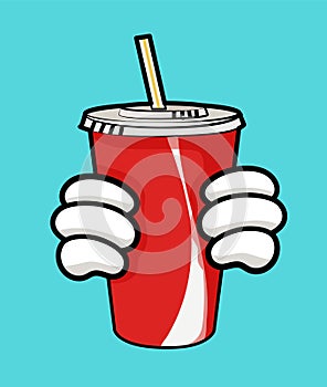 vector illustration of disposable red soda cup with straw and holding hands.