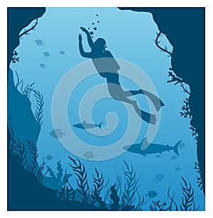 Vector illustration of dive deep in water. Silhouette of scuba diver, man in aqualung with lantern and coral reef, big