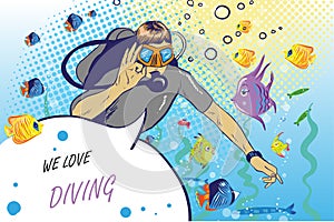 Vector illustration of diver showing ok hand sign. Swimming underwater with funny fishes man in scuba diving equipment