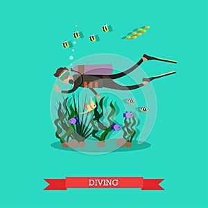 Vector illustration of diver swimming underwater in flat style.