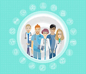 Vector illustration of doctors team. Happy and smile medical workers. Hospital staff in uniform in cartoon flat style.