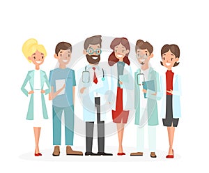 Vector illustration of doctors team. Hospital medical staff team of man and woman doctors nurses surgeon, happy and cute