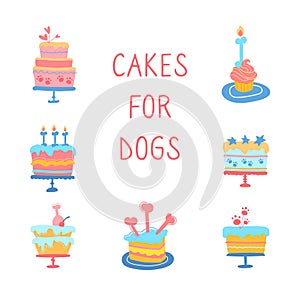 Vector illustration of dog cakes. Cupcakes for the party Your dogs birthday. Snacks for animals, candles-bone, ham