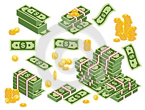 Vector illustration of dollars bundles scattered, stacked with different sides isolated on white background. Dollars