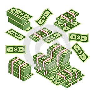 Vector illustration of dollars bundles scattered, stacked with different sides isolated on white background. Dollars