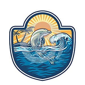 Vector illustration of dolphin jumps over the sea