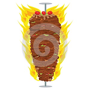 Vector illustration of Doner Kebab on pole, grilling with fat.