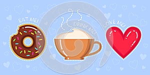 Vector illustration of donut with chocolate glaze, cappuccino cup, red heart