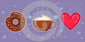Vector illustration of donut with chocolate glaze, cappuccino cup and red heart