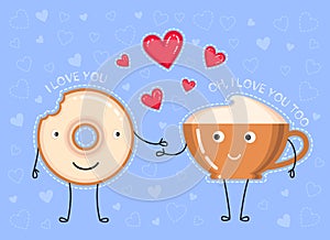 Vector illustration of donut with chocolate glaze, coffee cup