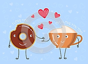 Vector illustration of donut with chocolate glaze, coffee cup