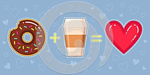 Vector illustration of donut with chocolate glaze, coffee cup and red heart