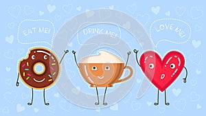 Vector illustration of donut with chocolate glaze, coffee cup and red heart