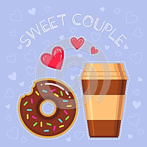 Vector illustration of donut with chocolate glaze, coffee cup, red hearts