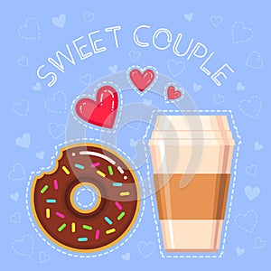 Vector illustration of donut with chocolate glaze, coffee cup, red hearts and text `sweet couple`