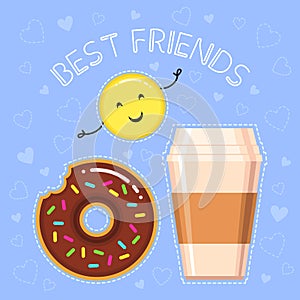 Vector illustration of donut with chocolate glaze, coffee cup, smiling yellow emoji