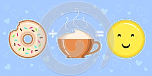 Vector illustration of donut with glaze, cappuccino cup and smiling yellow face