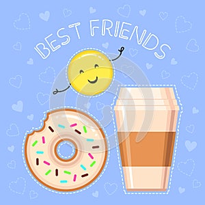 Vector illustration of donut with glaze, coffee cup, smiling yellow emoji
