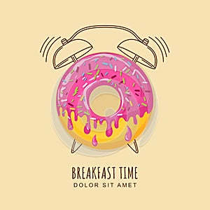 Vector illustration of donut with pink cream and outline alarm clock.