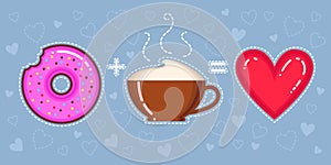 Vector illustration of donut with pink glaze, cappuccino cup and heart